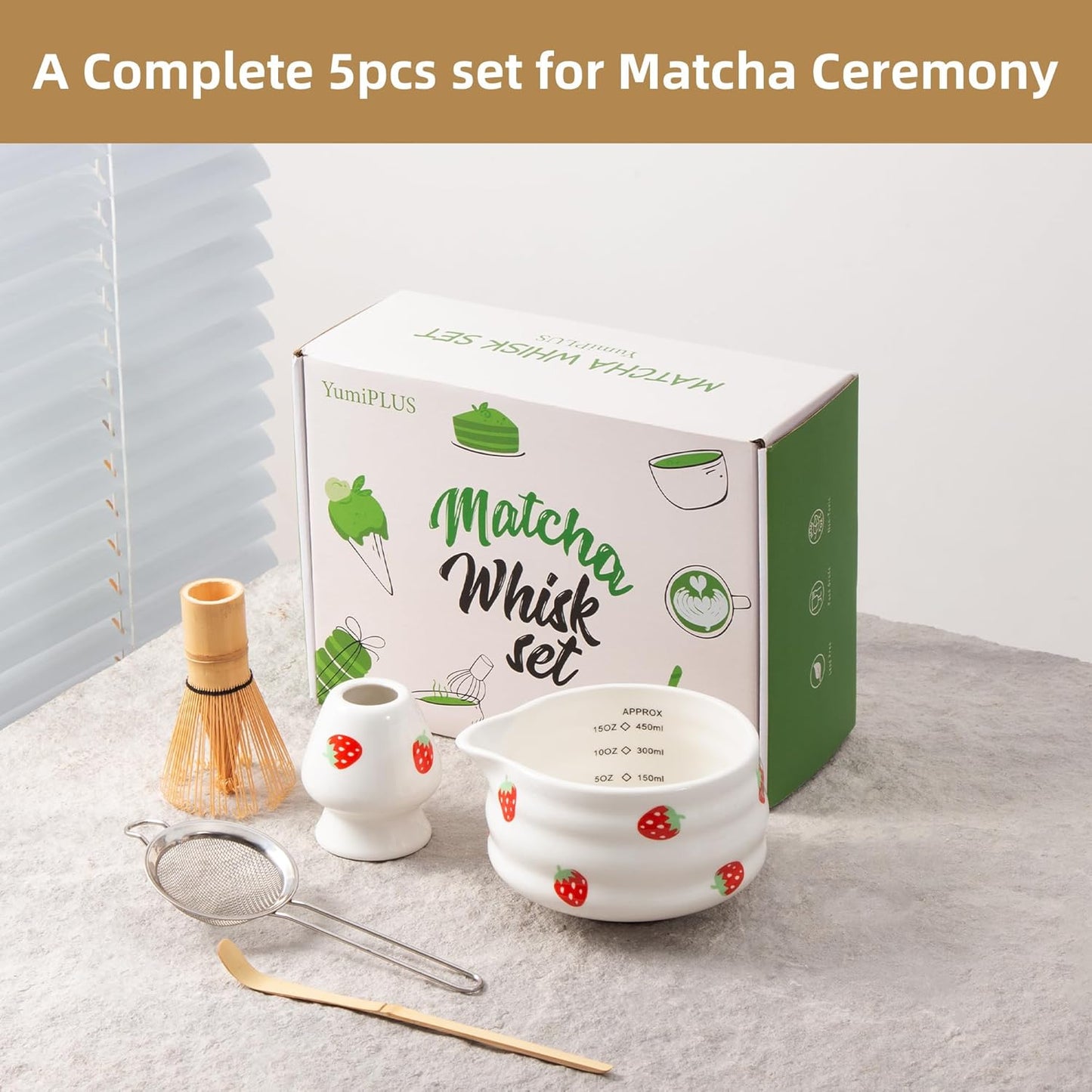 5pcs Premium Matcha Set,Ceramic Bowl with Spout and Bamboo Whisk set, Ceremonical Matcha Kit for breakfast/latte,Tea Starter Making Kit,Unique Matcha Gift set (pink love)