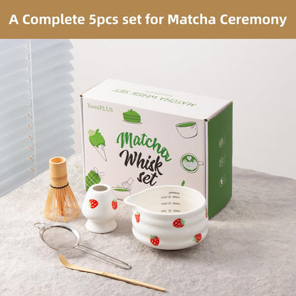 5pcs Premium Matcha Set,Ceramic Bowl with Spout and Bamboo Whisk set, Ceremonical Matcha Kit for breakfast/latte,Tea Starter Making Kit,Unique Matcha Gift set (pink love)