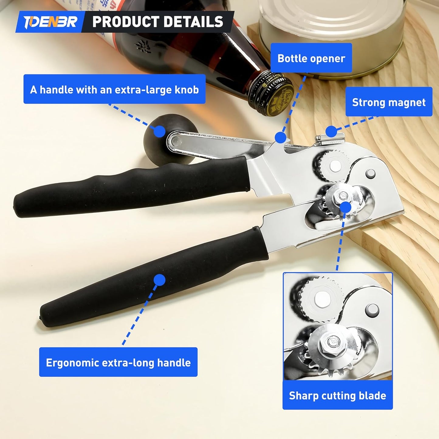 Anti-slip Stainless Steel Hand-cranked Can Opener, Manual Heavy-duty with Sharp Blade and Smooth Edge Cutting, Comfortable Extra-long Handle and Large Knob, Easy-to-Use Large Handheld Can Opener