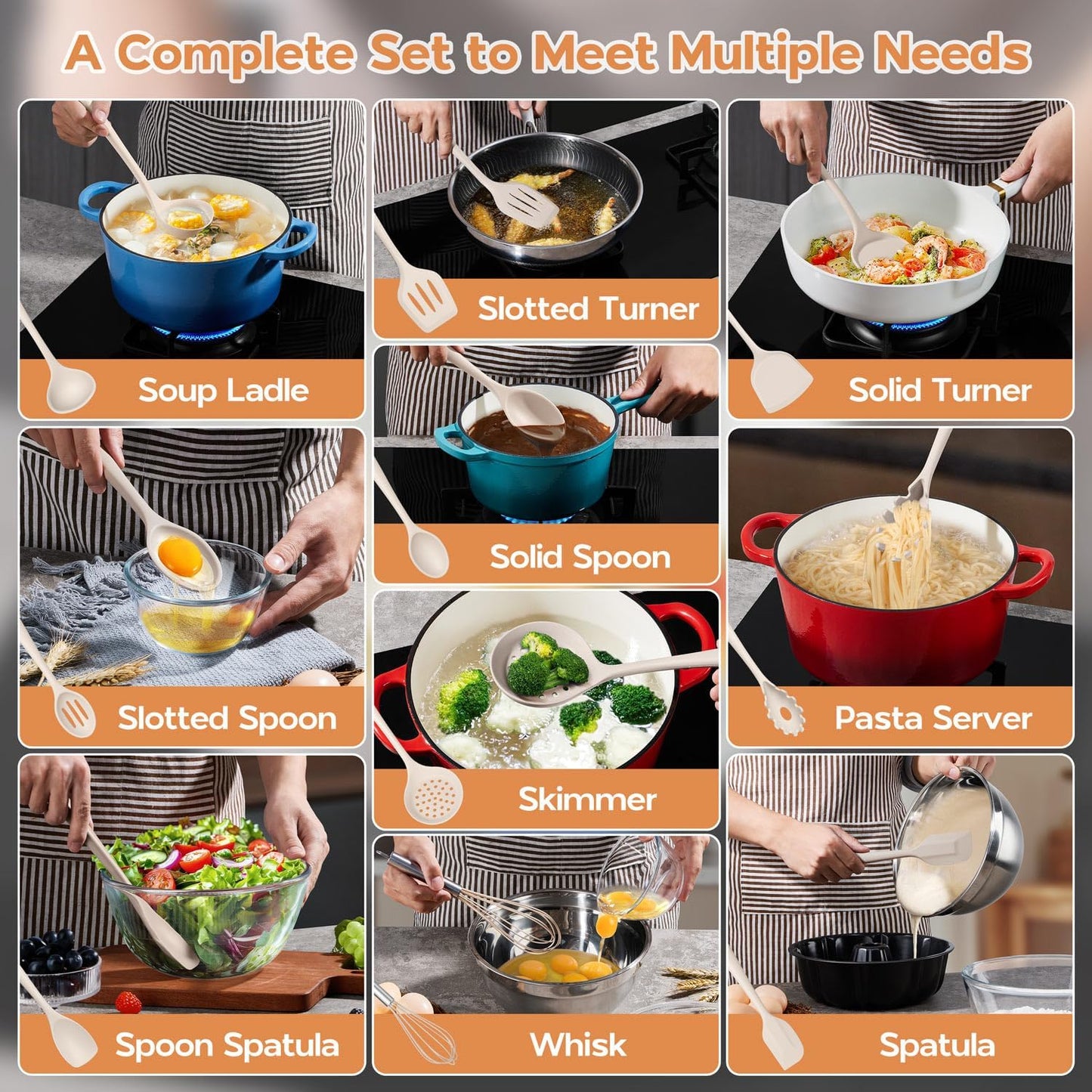Onader Silicone Cooking Utensils Set of 10, Kitchen Utensils for Nonstick Cookware, Heat Resistant & Nontoxic Spatula Set- Khaki