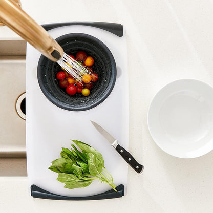 Dexas Over the Sink PolyFiber Flax Cutting Board with Collapsible Colander Strainer, 11.5 x 20", Cream