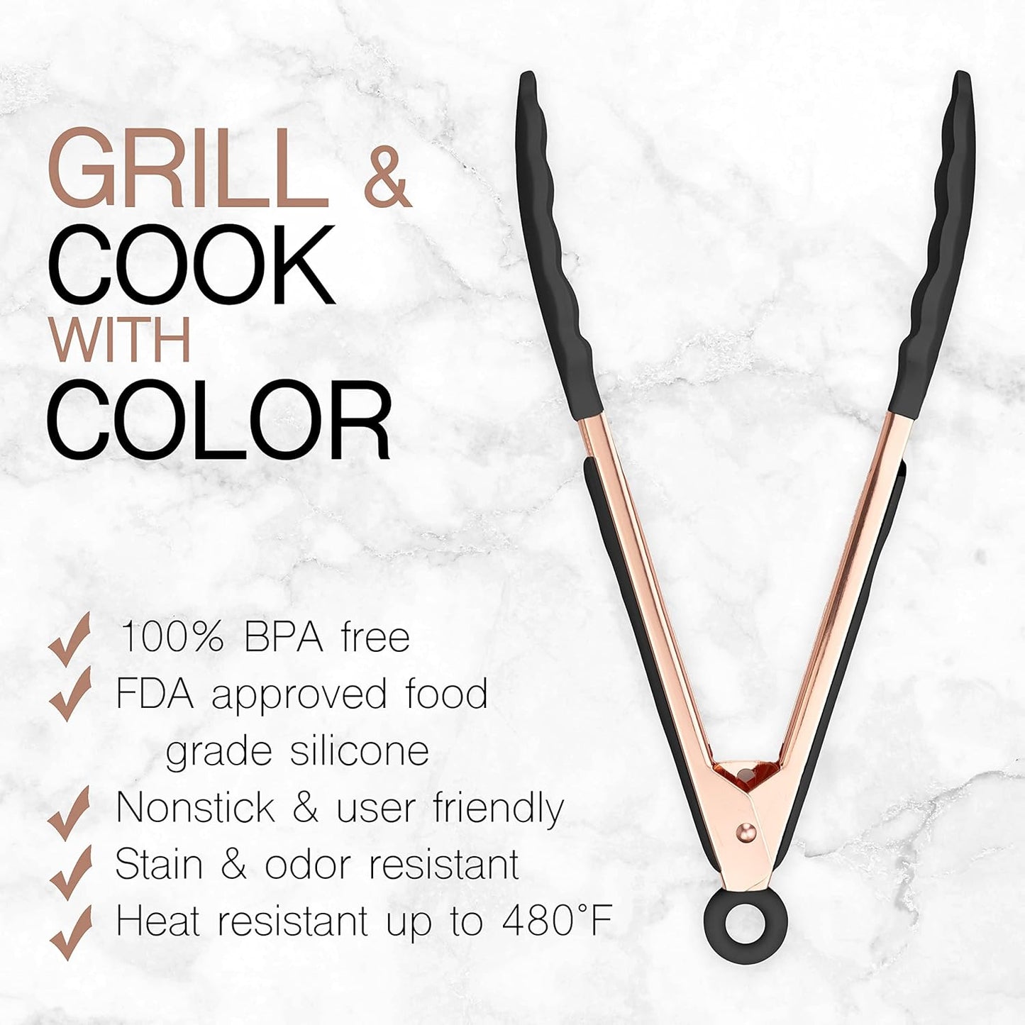 COOK WITH COLOR Stainless Steel Silicone Tipped Kitchen & BBQ Tongs Set, 3 Pc Utensils, Grey