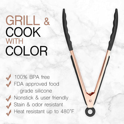 COOK WITH COLOR Stainless Steel Silicone Tipped Kitchen & BBQ Tongs Set, 3 Pc Utensils, Grey