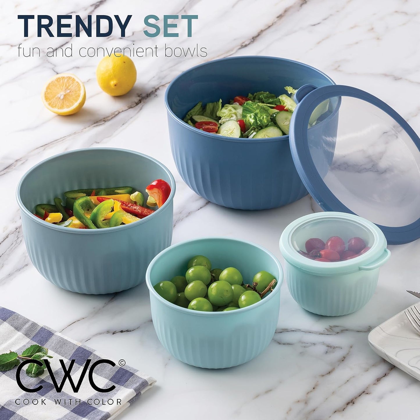 COOK WITH COLOR Prep Bowls with Lids- Wide and Deep Nesting Plastic Small Mixing Bowl Set with Lids, 8 Piece Set - Wide Bowls, Blue