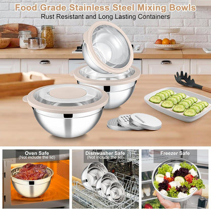 E-far Mixing Bowls Set of 5, Stainless Steel Salad Mixing Bowl with Transparent Lid, Metal Nesting Bowl Attach with 3 Graters for Kitchen Prepping/Serving/Baking/Storage, 4.6/2.6/1.5/1/0.7 QT - Khaki