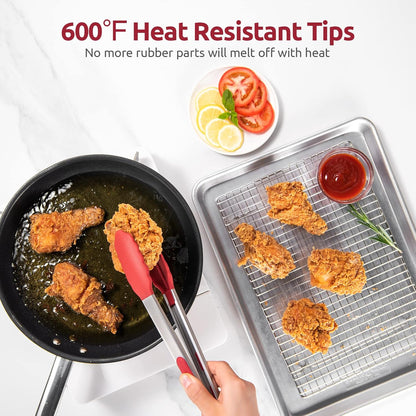 600ºF Heat Resistant Kitchen Tongs: U-Taste 9 inch Silicone Cooking Tong with Firm Sealed Non Stick Rubber Tips & Silicon Coated 18/8 Stainless Steel Handle & Smooth Locking for Serving Salad (Black)