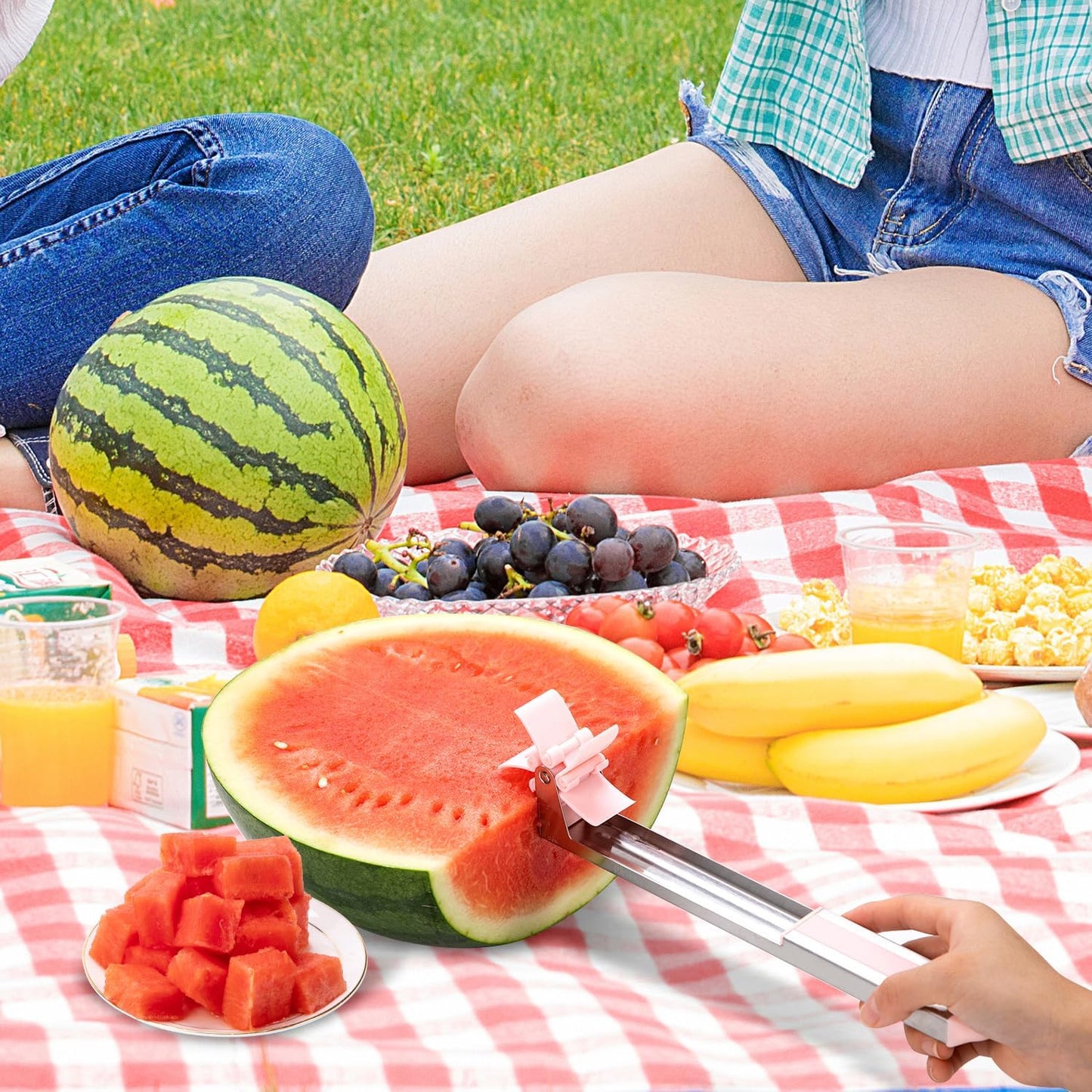 Watermelon Slicer Watermelon Cube Cutter Knife Corer Windmill Stainless Steel Watermelon Fruit Tools with Melon Baller Scooper Easy Slicer Unique Kitchen Gadgets Watermelon Knife Home Gift (Pink)