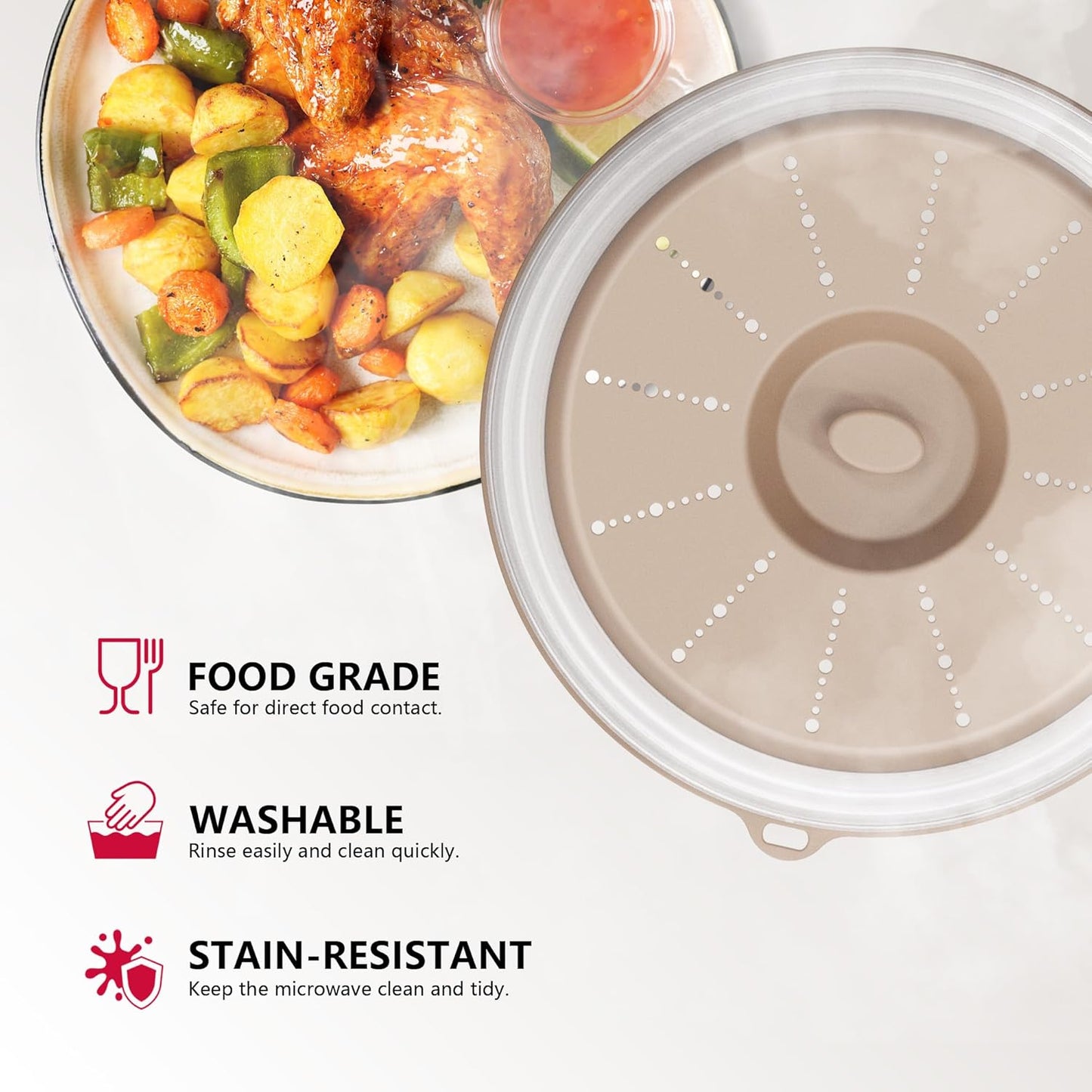 WVM Microwave Splatter Cover Vented for Food with Hook Hole, Splatter Guard & Colander Kitchen Gadget for Food, Meal Prep, Grey
