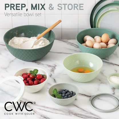 COOK WITH COLOR Mixing Bowls with Lids - 12 Piece Plastic Nesting Bowls Set includes 6 Prep Bowls and 6 Lids, Microwave Safe Mixing Bowl Set, Sage Embossed - Colors B