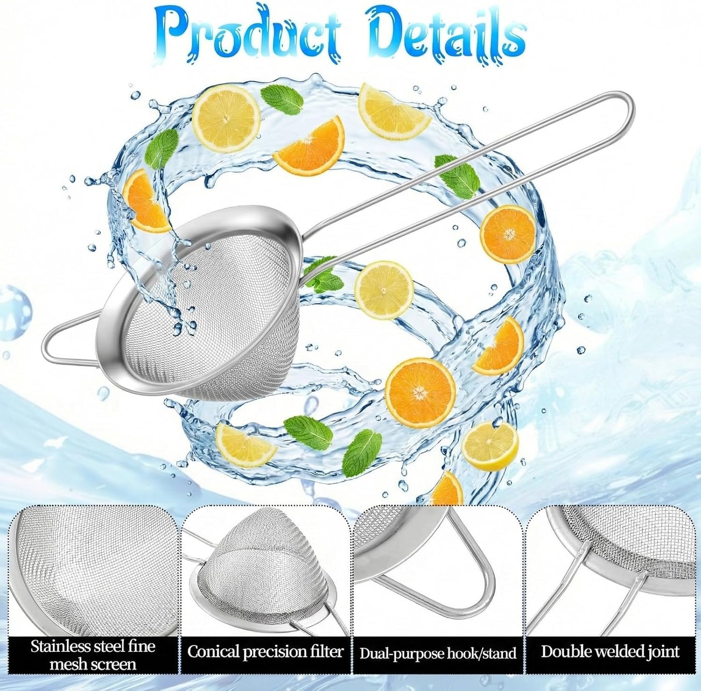 20 Packs Fine Mesh Small Strainer, 3.2 Inches Silver Stainless Steel Cone Shaped Long Handle Cocktail Strainer for Coffee Food Juice Tea Coffee Drinks
