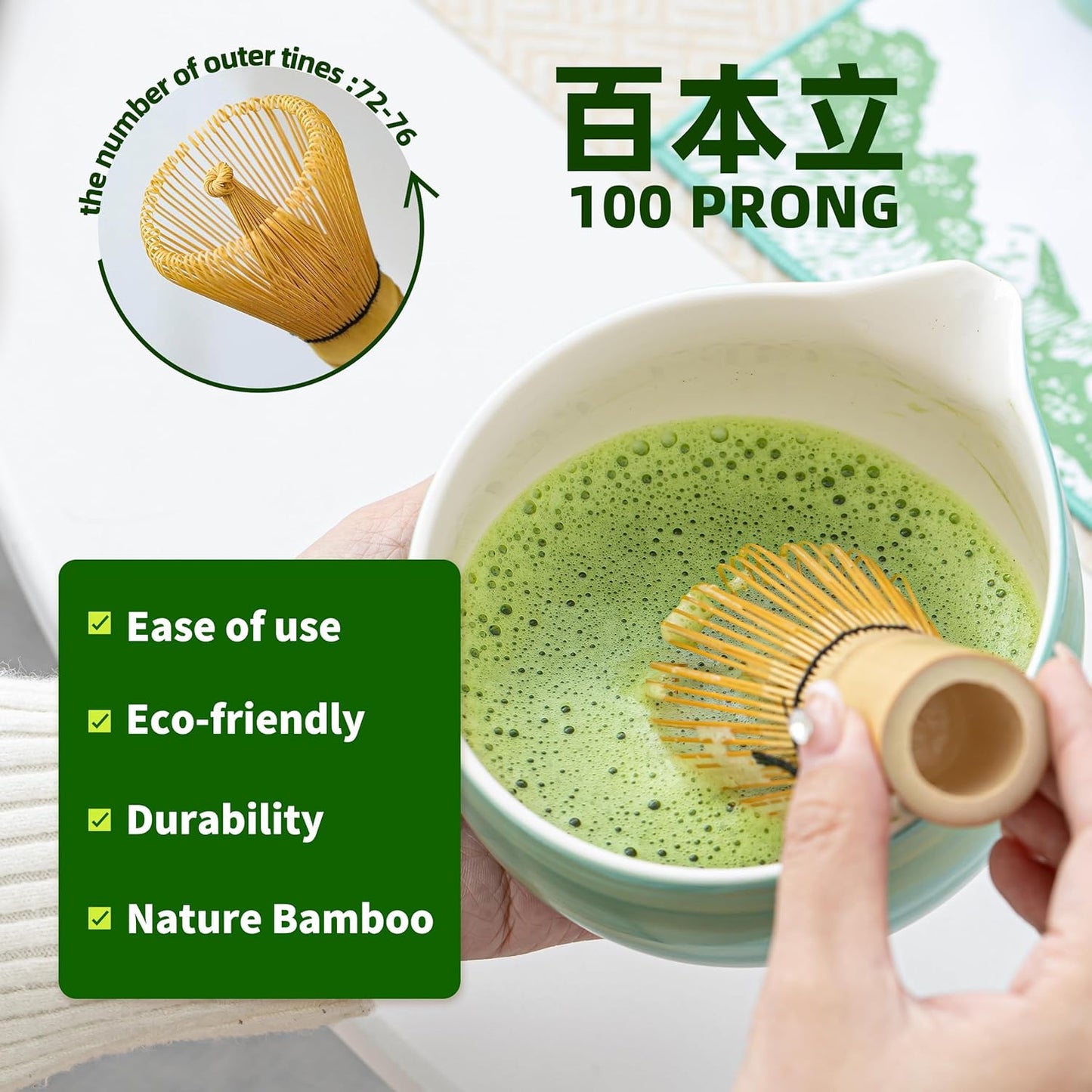 Matcha Whisk Set,7 Pcs Matcha Set Light Green,Matcha Kit for Ceremony,480Ml Ceramic Bowl(chawan) with Spout,Bamboo Whisk and Holder,Tradition Tea Set,Unique Gift