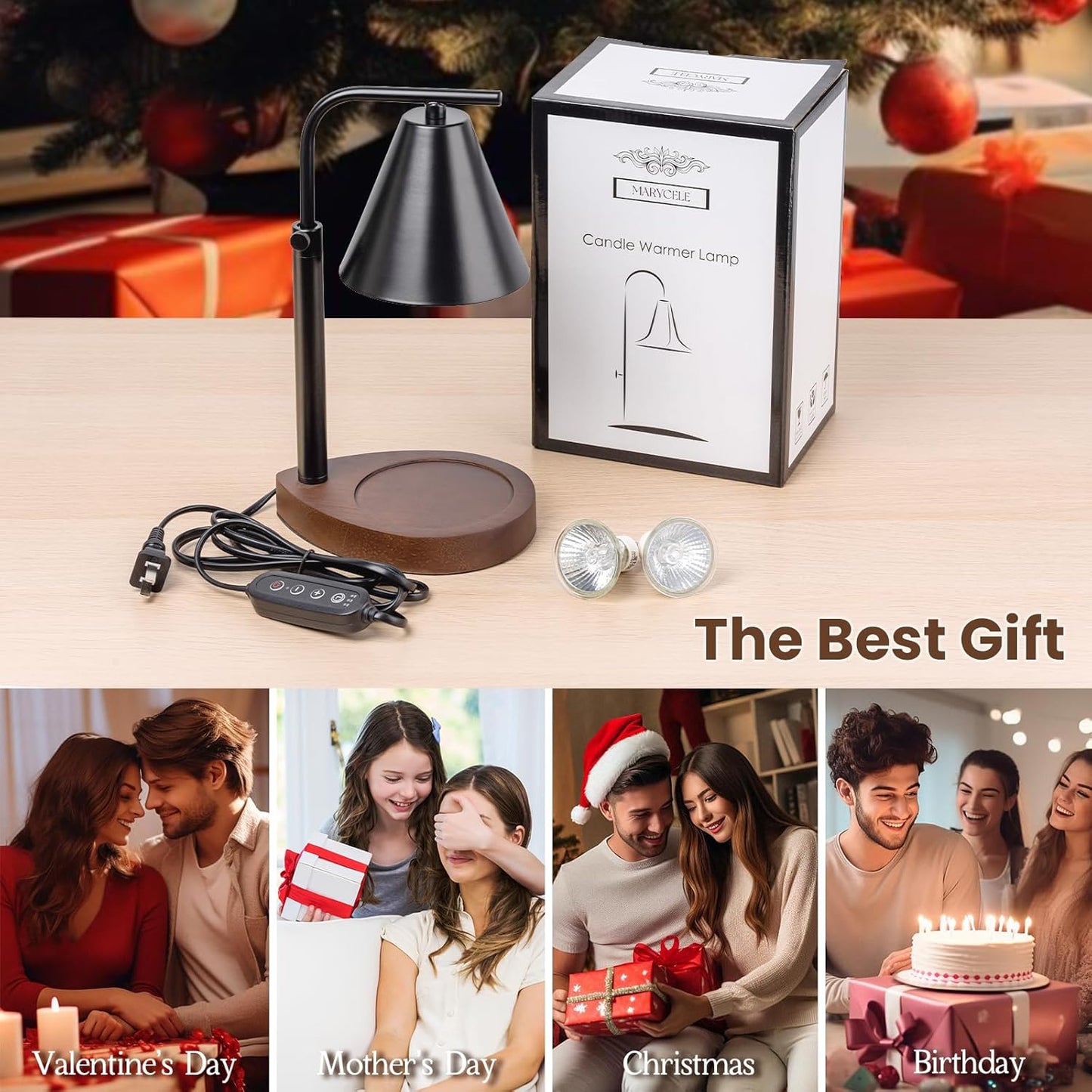 Marycele Candle Warmer Lamp with Timer & Dimmer - Mothers Day Gifts for Women Mom Her, Aesthetic Office Home Decor, Adjustable Height Wax Melter for Candle Jar & 3-Wick Candles (2 Bulbs Included)