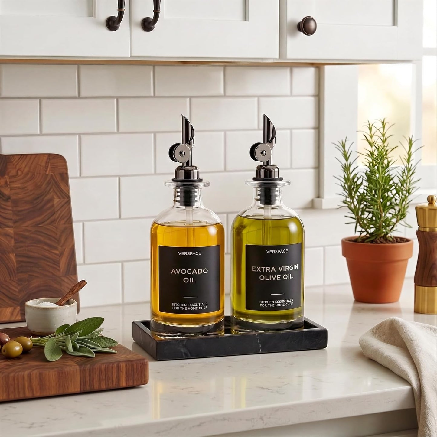 Verspace UV-Protected Green Glass Olive Oil Dispenser Bottles For Kitchen - 2 Pack - 12oz Includes 40 Kitchen Essential Labels, Avocado Oil Dispenser Set, Modern Decor for Home, Airbnb, Cafe