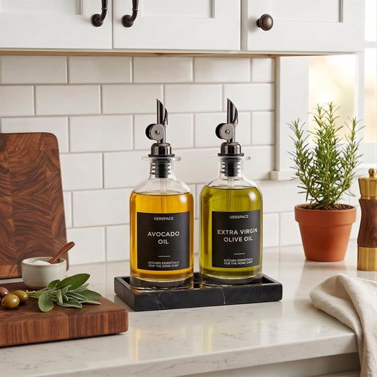 Verspace UV-Protected Green Glass Olive Oil Dispenser Bottles For Kitchen - 2 Pack - 12oz Includes 40 Kitchen Essential Labels, Avocado Oil Dispenser Set, Modern Decor for Home, Airbnb, Cafe