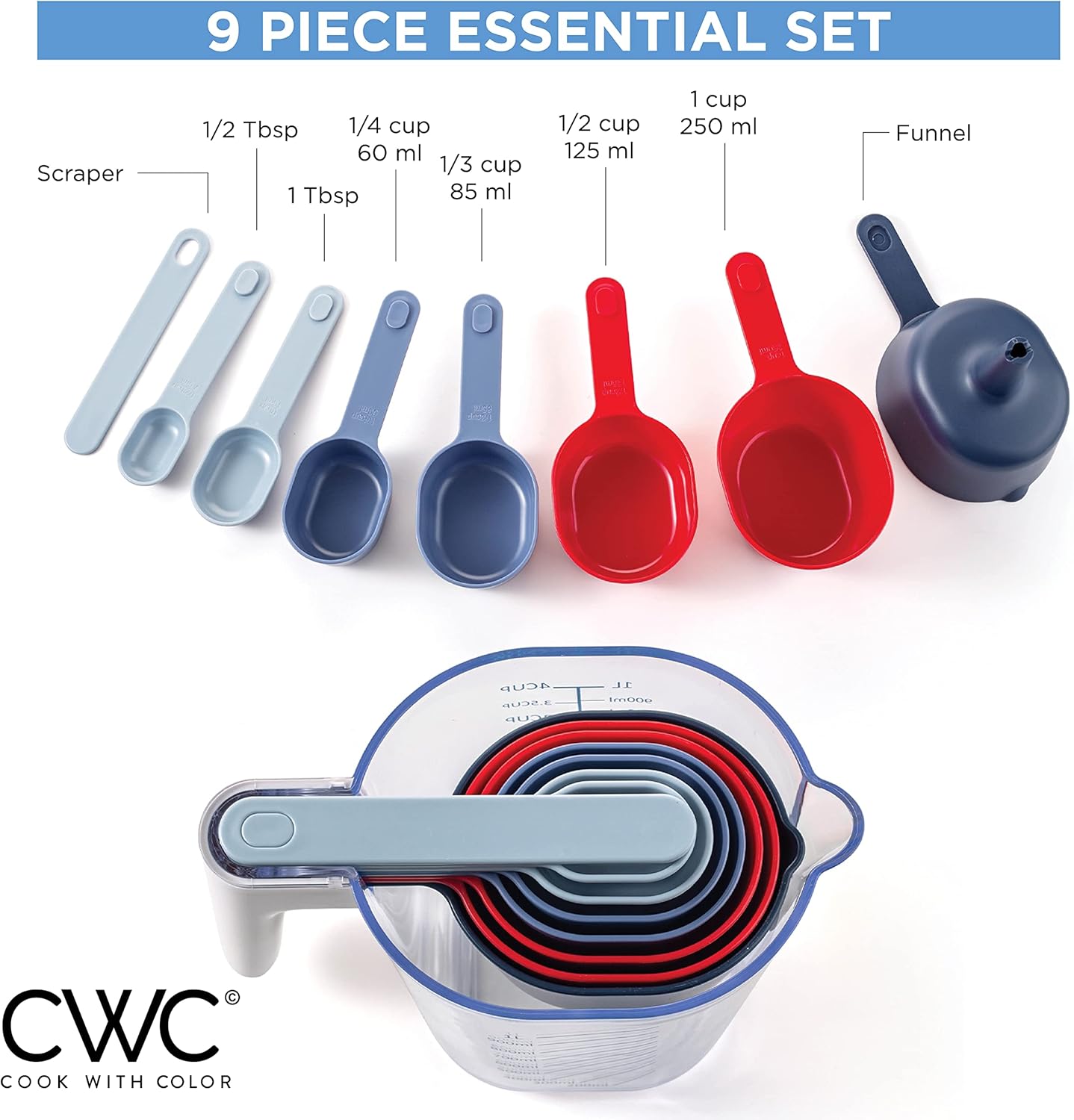 COOK WITH COLOR Measuring Cup Set - 9 PC. Nesting Stackable Liquid Measure Cup, Dry Measuring Cups and Spoons with Funnel and Scraper (Pastel)