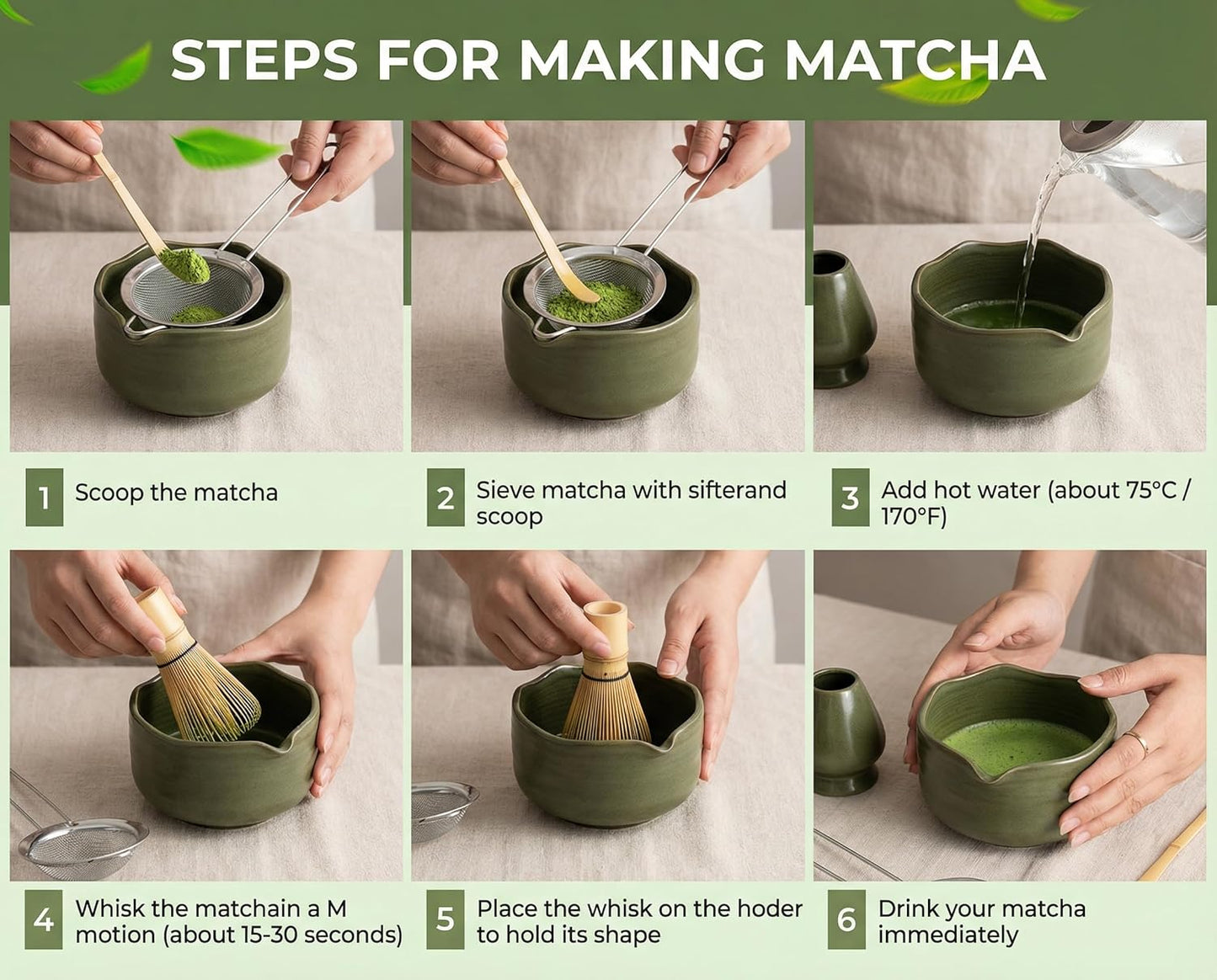 Matcha Whisk Set ,7 Pcs Matcha Set, Matcha Kit for Ceremony, Tradition Tea Set for Making Breakfast/Latte, with 20 OZ Bowl(Chawan)/Whisk and Holder, Valentine's Day Gift for Family/Friend Tea Lovers