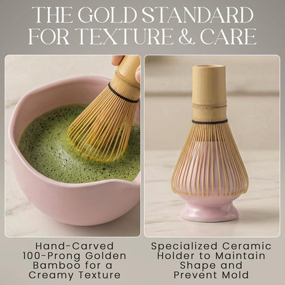 Matcha Whisk Set - Matcha Set Kit with Ceramic Matcha Bowl, Bamboo Whisk & Holder, Stainless Steel Sifter, Bamboo Spoon - Lead-Free 5 Pcs Ceremony Kit for Authentic Tea Ritual, Pink