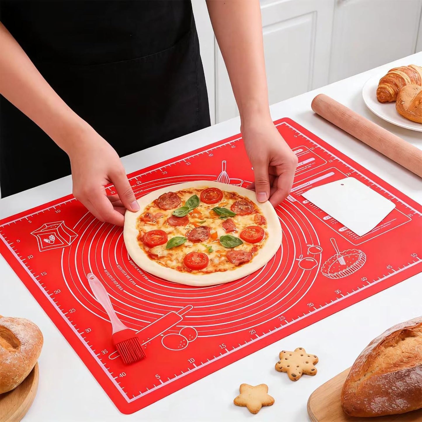 Silicone Baking Mat with Measurement, Non-Slip Pastry Mat, Non-Stick Bread Making Tools with Rolling Pin Dough Scraper and Brush for Pastry Bread Cookies Pizza(18x24in)