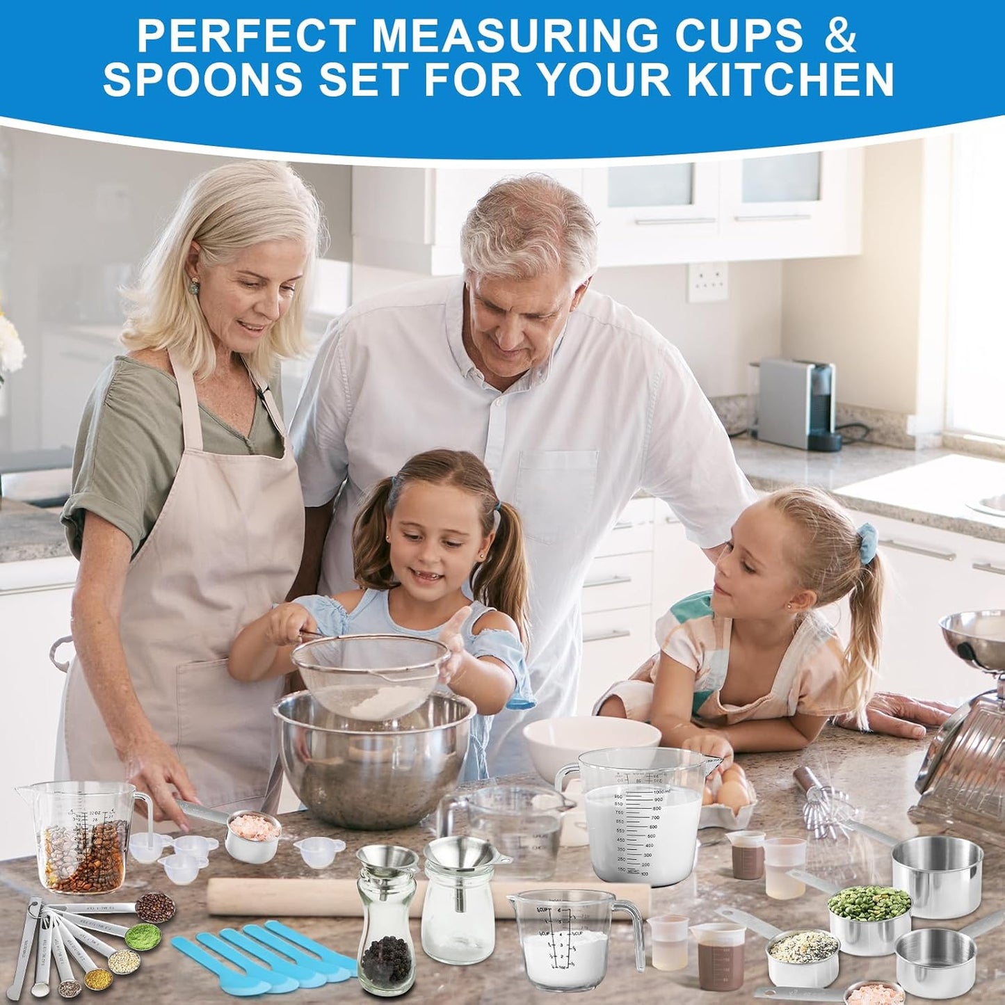 Measuring Cups and Spoons Set 22 Piece, 11 Stainless Steel Nesting Measuring Spoons and Cups with 4 Plastic Measuring Cup, 3 Funnel, 3 Brush, 1 Ruler, Measuring Cup Set for Kitchen Baking Liquid Dry