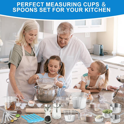 Measuring Cups and Spoons Set 22 Piece, 11 Stainless Steel Nesting Measuring Spoons and Cups with 4 Plastic Measuring Cup, 3 Funnel, 3 Brush, 1 Ruler, Measuring Cup Set for Kitchen Baking Liquid Dry