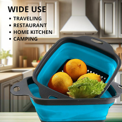 Green Kitchen Strainer Colander Set - 2 PCS Multifunctional Colander Silicone Food Strainers for Kitchen for Pasta and Spaghetti Collapsible with Plastic Handles