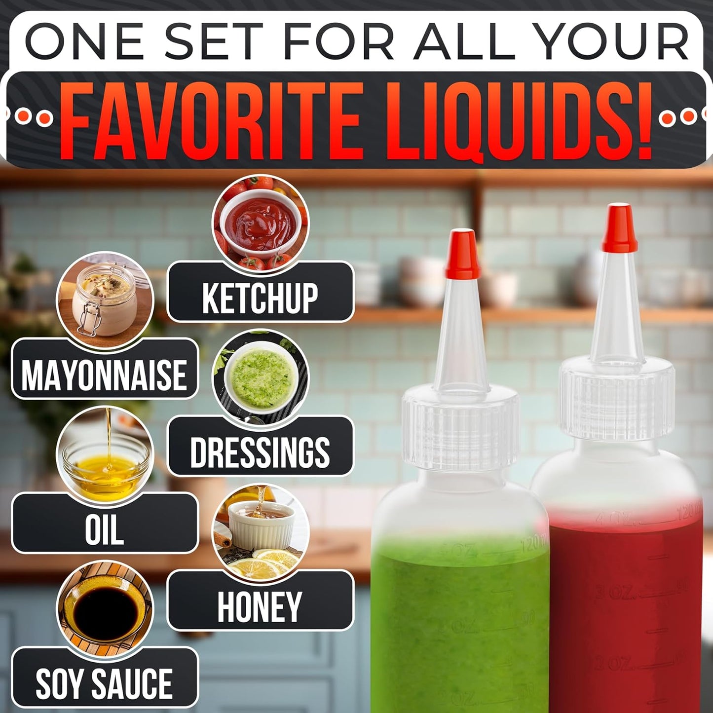 Set of 6 Inverted Condiment Squeeze Bottles 16 oz – Upgraded Design with Added Sealing Gaskets, Self-Closing Valve, Easy-to-Fill Clear Bottles for Sauces, Dressings, Ketchup, Mustard for Everyday Use