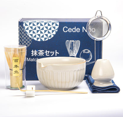 7pcs Matcha Whisk Set with 18oz Spout Bowl, Japanese Tea Ceremony Kit, Natural Bamboo Whisk Scoop, Ceramic Holder Sifter Towel, Best Gift for Beginners and Matcha Lovers