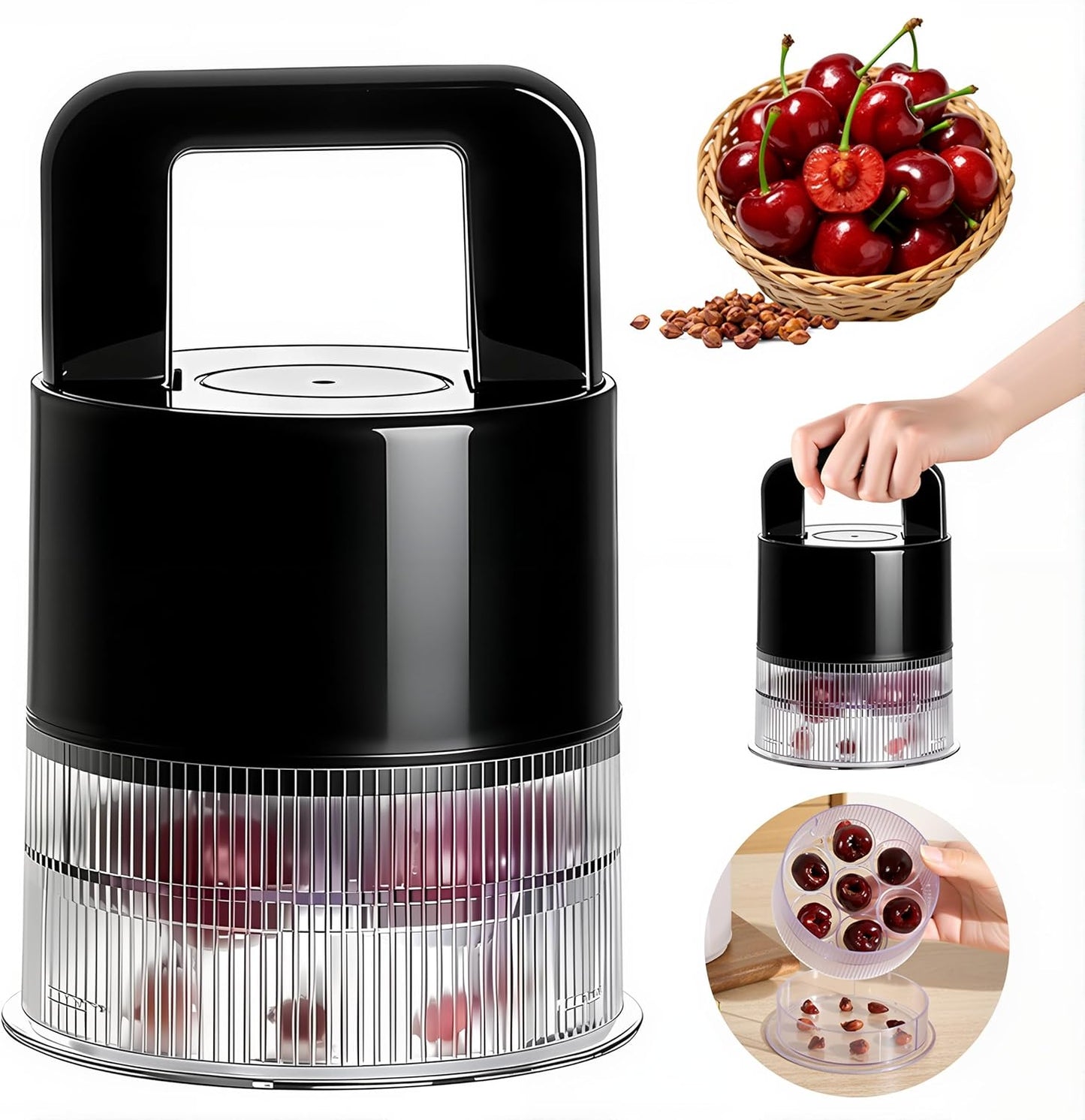 Cherry Pitter Tool - 7-in-1 Multiple Cherry Corer with 1.5" Extra Large Slots for Jumbo Cherries, Olive Pitter, Transparent Pit Container, Dishwasher Safe, Anti-Splash Design