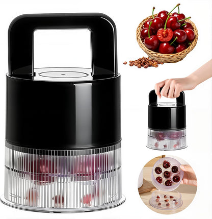 Cherry Pitter Tool - 7-in-1 Multiple Cherry Corer with 1.5" Extra Large Slots for Jumbo Cherries, Olive Pitter, Transparent Pit Container, Dishwasher Safe, Anti-Splash Design