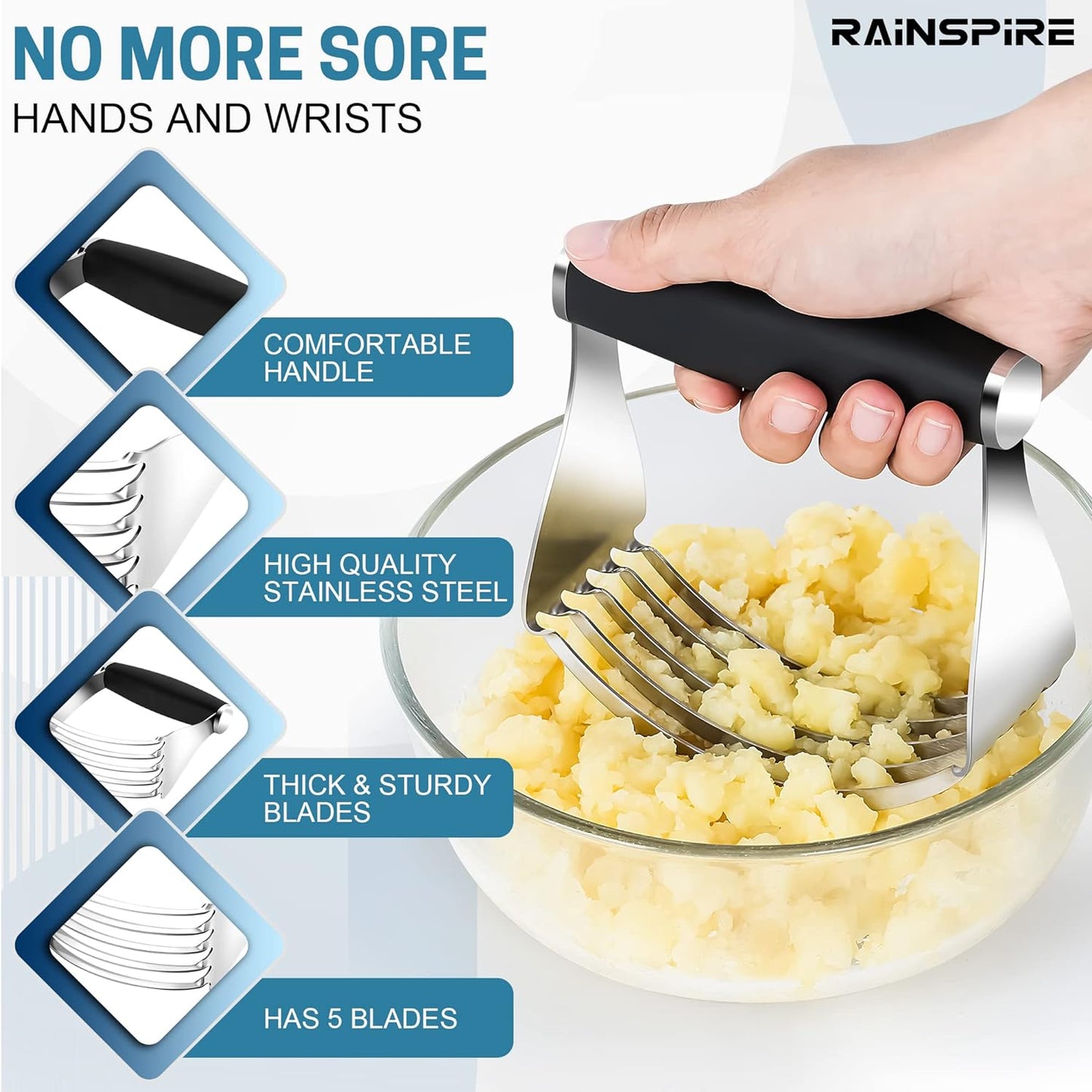 Rainspire XL Pastry Cutter For Baking, Heavy Duty Pastry Blender Stainless Steel, Thick Sharp Blades Dough Blender, Dough Cutter Butter Cutter Pastry for Easy Mixing, Dishwasher Safe (Black)