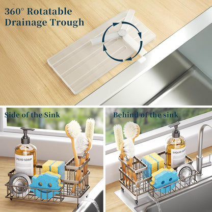 Consumest Sponge Holder for Kitchen Sink - Auto Draining Sink Caddy Organizer with Detachable Rack, High Brush Holder, Kitchen Countertop Storage Accessories, Black