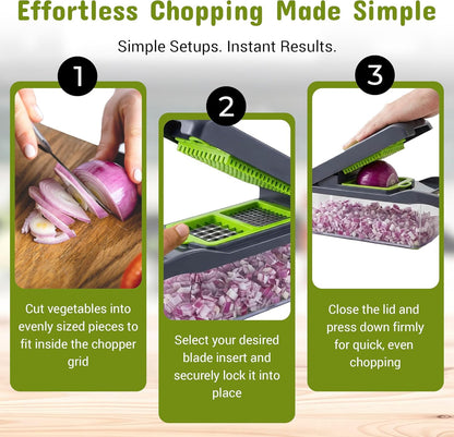 14-in-1 Vegetable Chopper and Onion Slicer, Mandolin Slicer with Container, Multi-Functional Food Dicer, Gray, Stainless Steel Blades