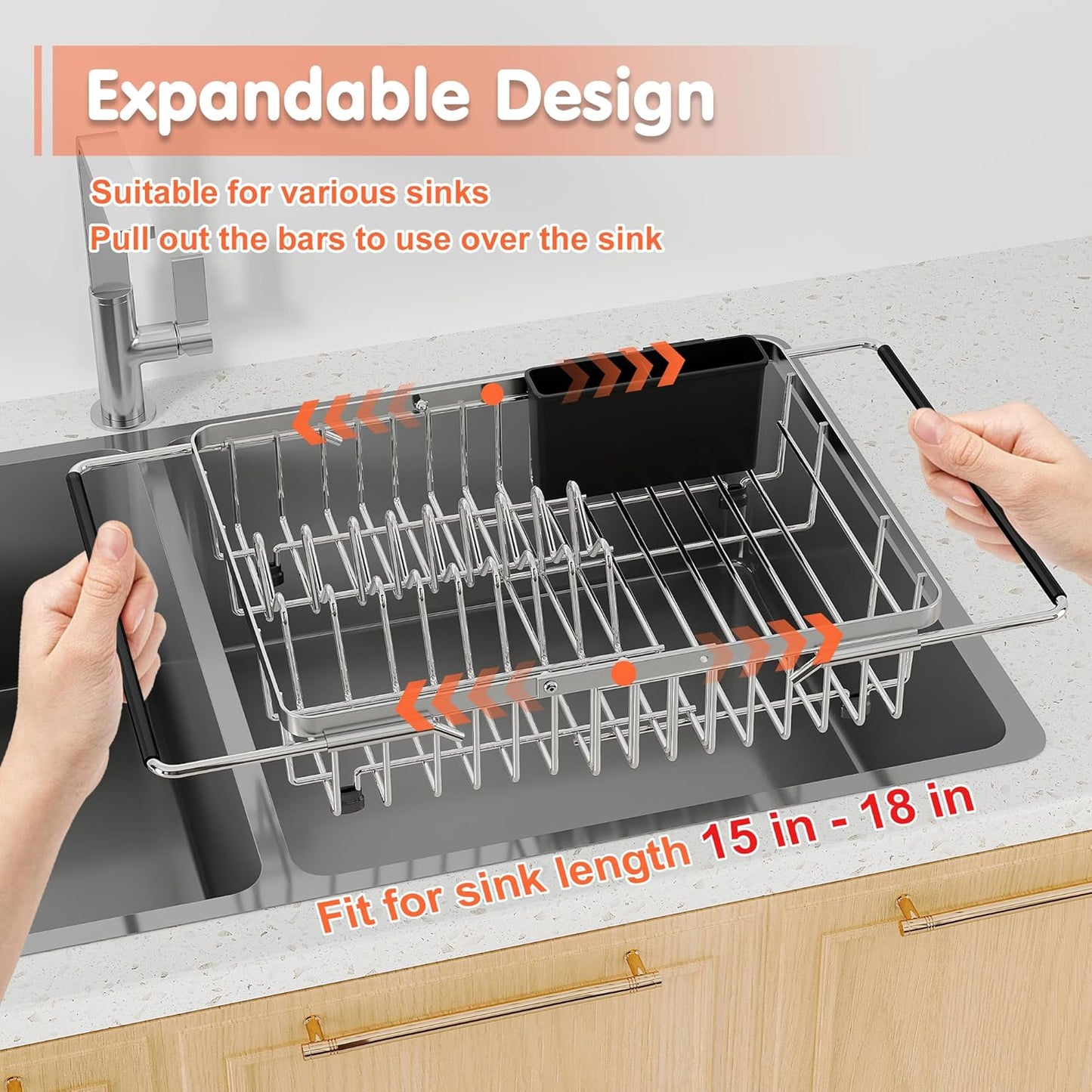 Over the Sink Expandable Dish Drainer Drying Rack In Stainless Steel for Small Kitchen, Counter Space Saving Modern Compact Metal Above Plate Dryer Strainer, Adjustable Hanging Inside Drain Holder