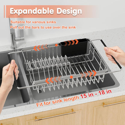 Over the Sink Expandable Dish Drainer Drying Rack In Stainless Steel for Small Kitchen, Counter Space Saving Modern Compact Metal Above Plate Dryer Strainer, Adjustable Hanging Inside Drain Holder