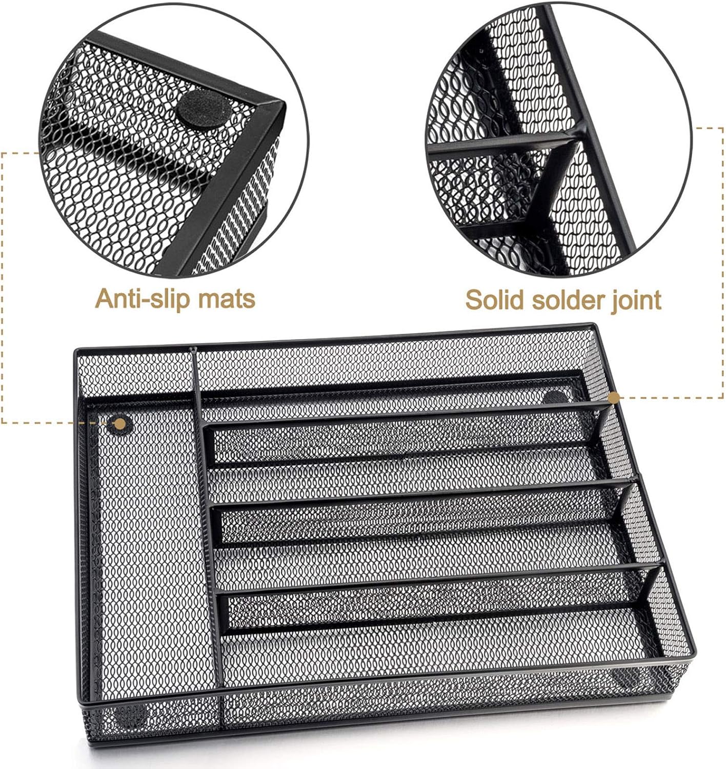 HaWare Utensil Drawer Organizer, Mesh Wire Silverware Organizer Divider for Kitchen, Stainless Steel Cutlery Flatware Storage Tray with Non-Slip Foam Feet, 5 Compartment, 12.5 x 9.2Inch, Black