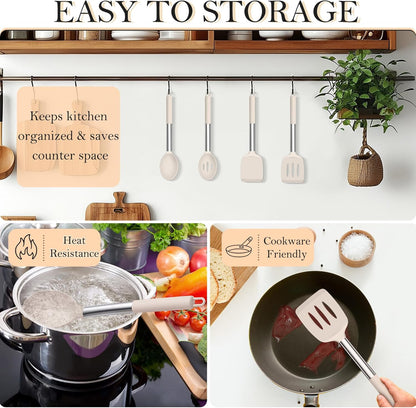 TeamFar Kitchen Utensils, 4 PCS Silicone Cooking Utensils Spatula Spoon Set with Stainless Steel Handle, for Frying Mixing Draining Turning, Healthy & Heat-proof, Non-stick & Dishwasher Safe - Black
