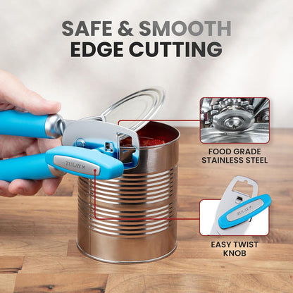 Zulay Kitchen Heavy Duty Stainless Steel Can Opener Manual with Bottle Opener - Rust Proof Manual Can Opener With Turn Knob & Comfy Soft Grip Handles - Cherry Red - Colors A