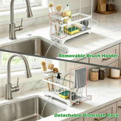 Sponge Holder for Kitchen Sink, Sink Caddy Organizer with Detachable Cloth & Brush Holder, Self-Draining Sponge Caddy Organizer with 360° Rotatable Spout, Kitchen Countertop Storage Accessories(White)