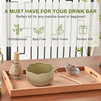 5Pcs Matcha Whisk Set, 18OZ Bowl With Spout, Japanese Ceremony Matcha Whisks Kit, 100% Natural Bamboo Whisk, Ceramic Whisk Holder (Green), Stainless Sifter, Tea Scoop, Gift for Matcha Lovers Beginner