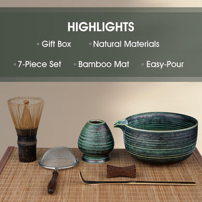 Matcha Whisk Set, 7-Piece Matcha Kit with Ceramic Bowl, Bamboo Whisk, Scoop, Sifter, Holder & Bamboo Mat – Premium Matcha Tea Set for Beginners & Matcha Lovers, Gift Ready