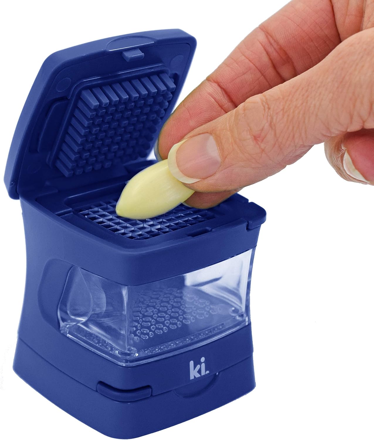 Garlic-A-Peel Garlic Press, Crusher, Cutter, Mincer, and Storage Container - Includes Silicone Garlic Peeler - Easy to Clean - Stainless Steel Blades – (Black), standard