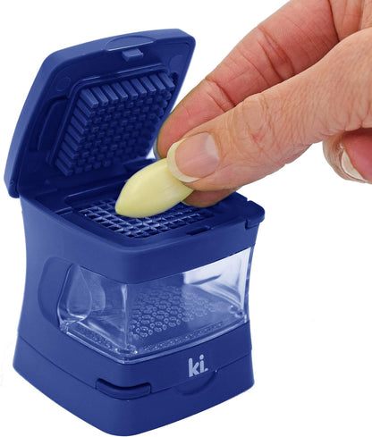 Garlic-A-Peel Garlic Press, Crusher, Cutter, Mincer, and Storage Container - Includes Silicone Garlic Peeler - Easy to Clean - Stainless Steel Blades – (Black), standard
