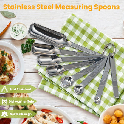 Stainless Steel Measuring Spoons Set of 14 with Leveler, Rectangular Teaspoon & Tablespoon Measuring Spoons for Dry & Liquid Ingredients, Slim Design Fits in Spice Jars