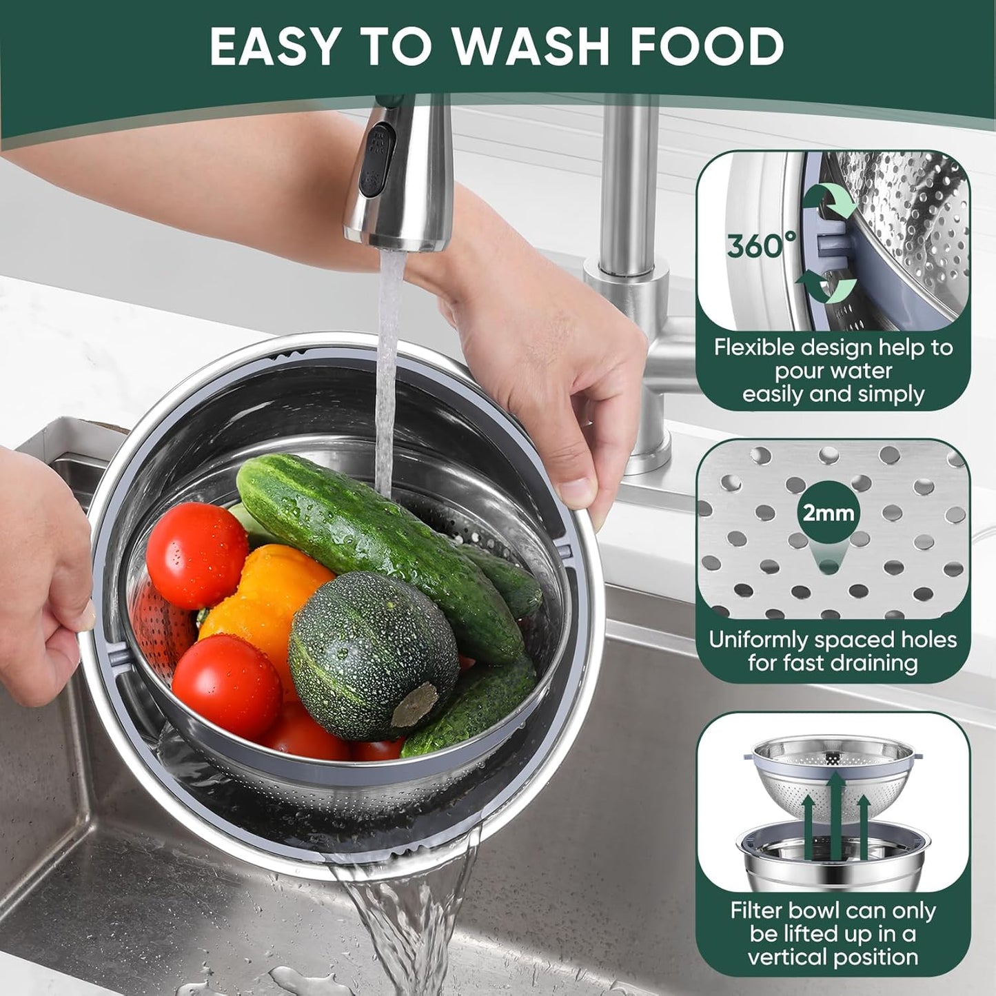 P&P CHEF Mixing Bowls with Lids Set of 3, Stainless Steel Mixing Bowl and Colander for Kitchen, 3 Grater Attachments & Non-Slip Bottoms, Visible & Airtight Lid, Khaki