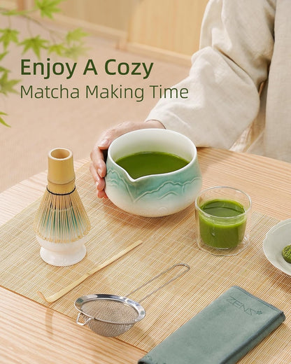 ZENS Pink Matcha Set, Matcha Whisk Set Includes 15oz Ceramic Bowl & (Chasen Holder), Bamboo Whisk & Scoop, Sifter and Pink Tea Towel, 6pcs Matcha Kit for Matcha Lovers