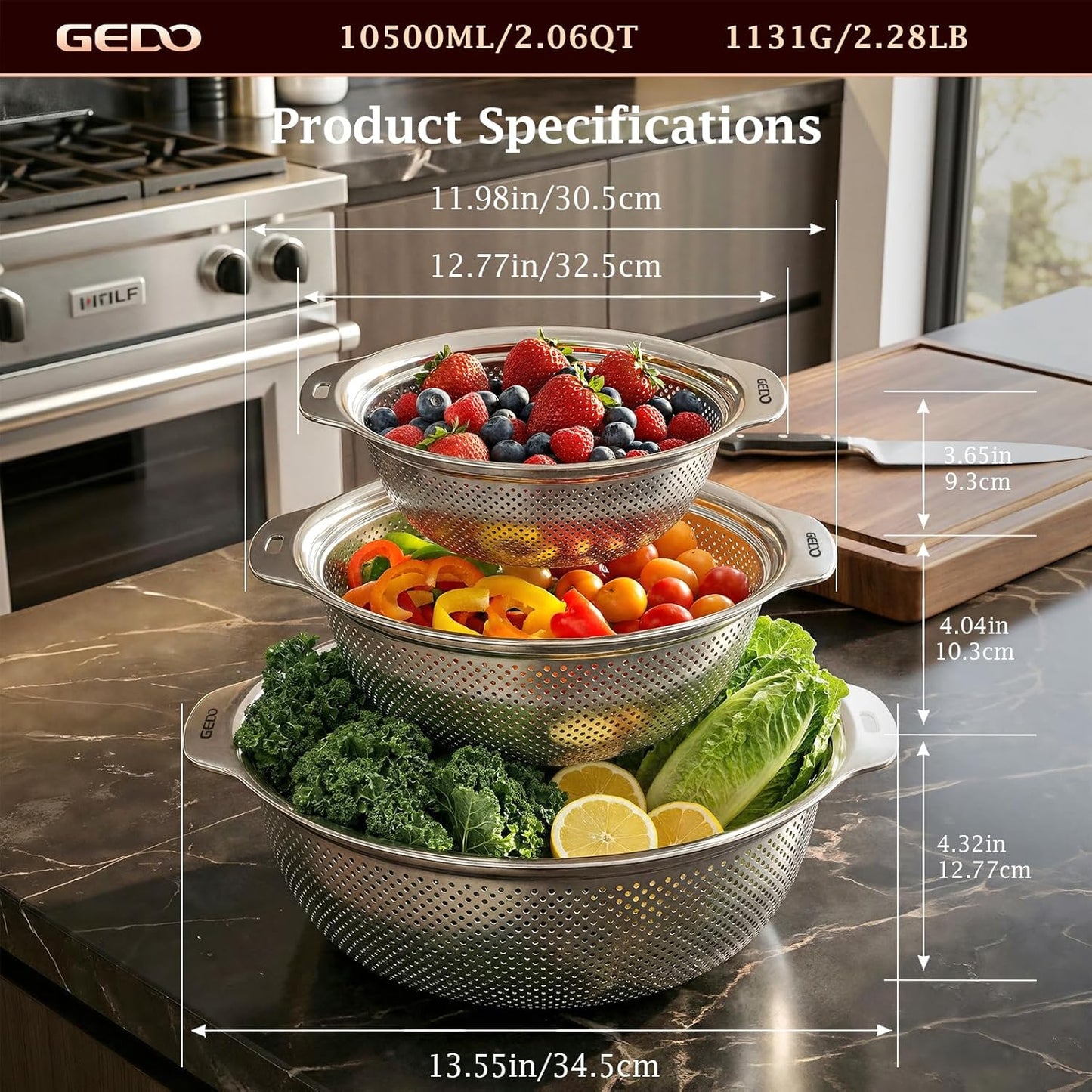 GEDO Stainless Steel 4 Piece Mixing Bowls Set, SUS316 Metal Nesting Bowls, Silver, Kitchen Food Prep Serving Bowls (7.07/8.64/10.21/11.79 in)
