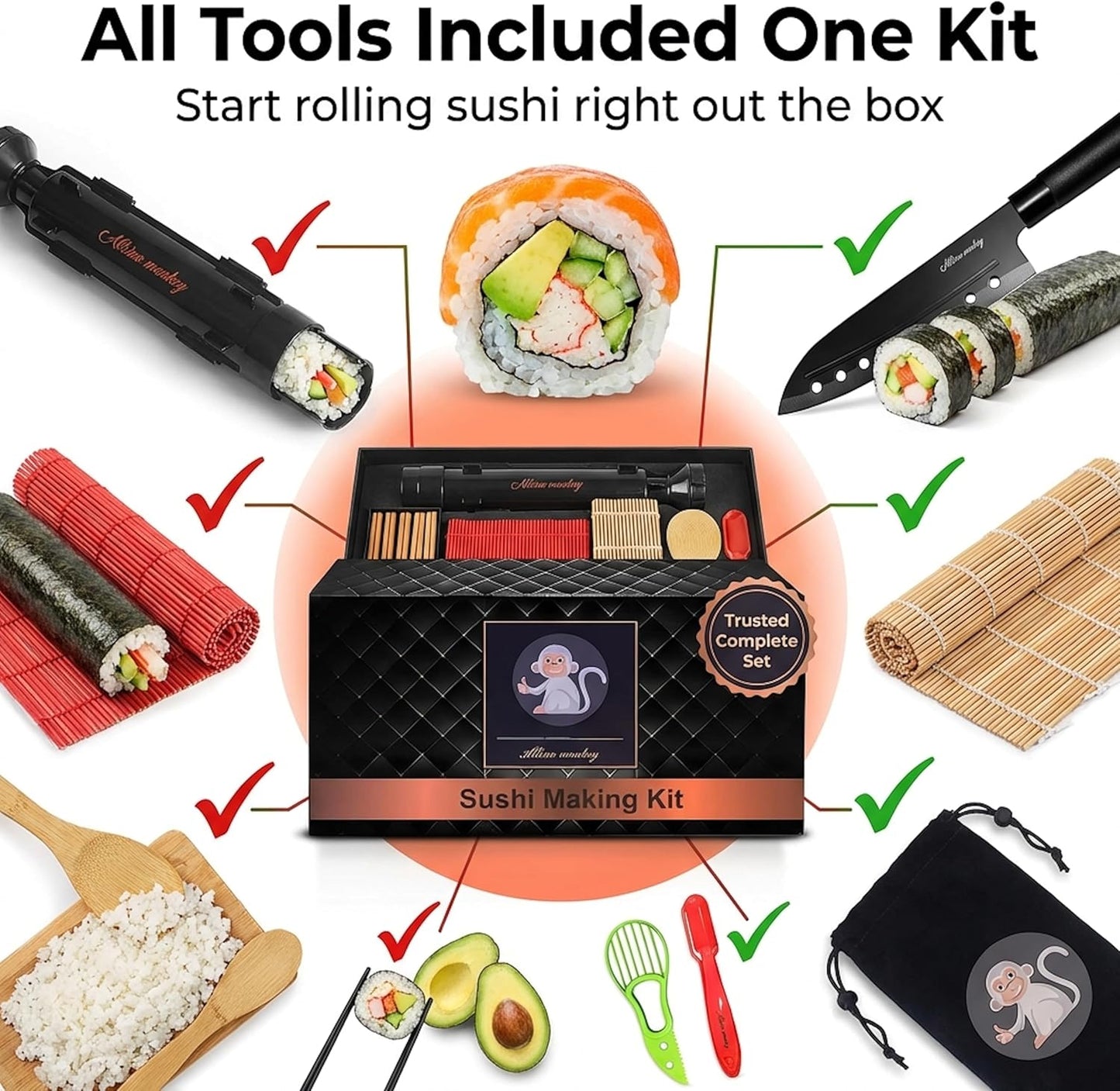Albino monkey Sushi Making Kit with Pro Sashimi Knife – Roll 10+ Sushi Types – Sushi Bazooka, Bamboo + Dishwasher-Safe Mats, Nigiri Mold & Avocado Slicer Gift Box + Step-by-Step Video Guide