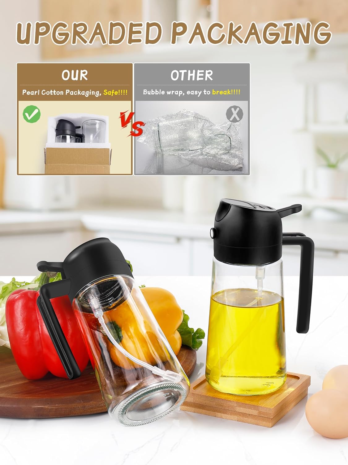 Oil Sprayer for Cooking 2pcs,2 in 1 Oil Dispenser and Oils Sprayer Kitchen Gadgets-16oz Glass Oils Spray Bottle,Mist Olive OilDispenser,Air Fryer,Salad,Grill (White Kitchen Accessories)