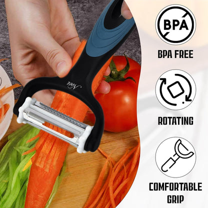 Julienne Peeler (3 Blades, 360° Rotating) Y Peelers for Potato Vegetable Carrot Cucumber & Fruits – Multifunction Stainless Steel Blades, Anti Slip Handle