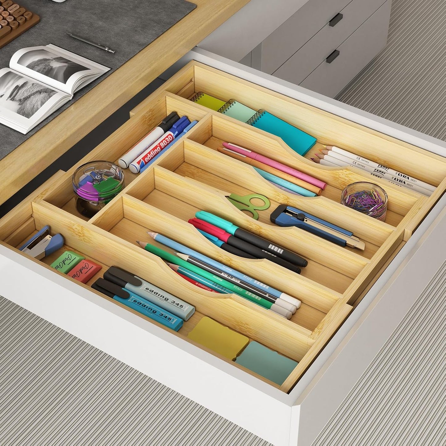 Youpehom Bamboo Utensil Organizer for Kitchen Drawers, Utensil Tray and Cutlery Silverware Holder,Wood Drawer Dividers with 5 Slots